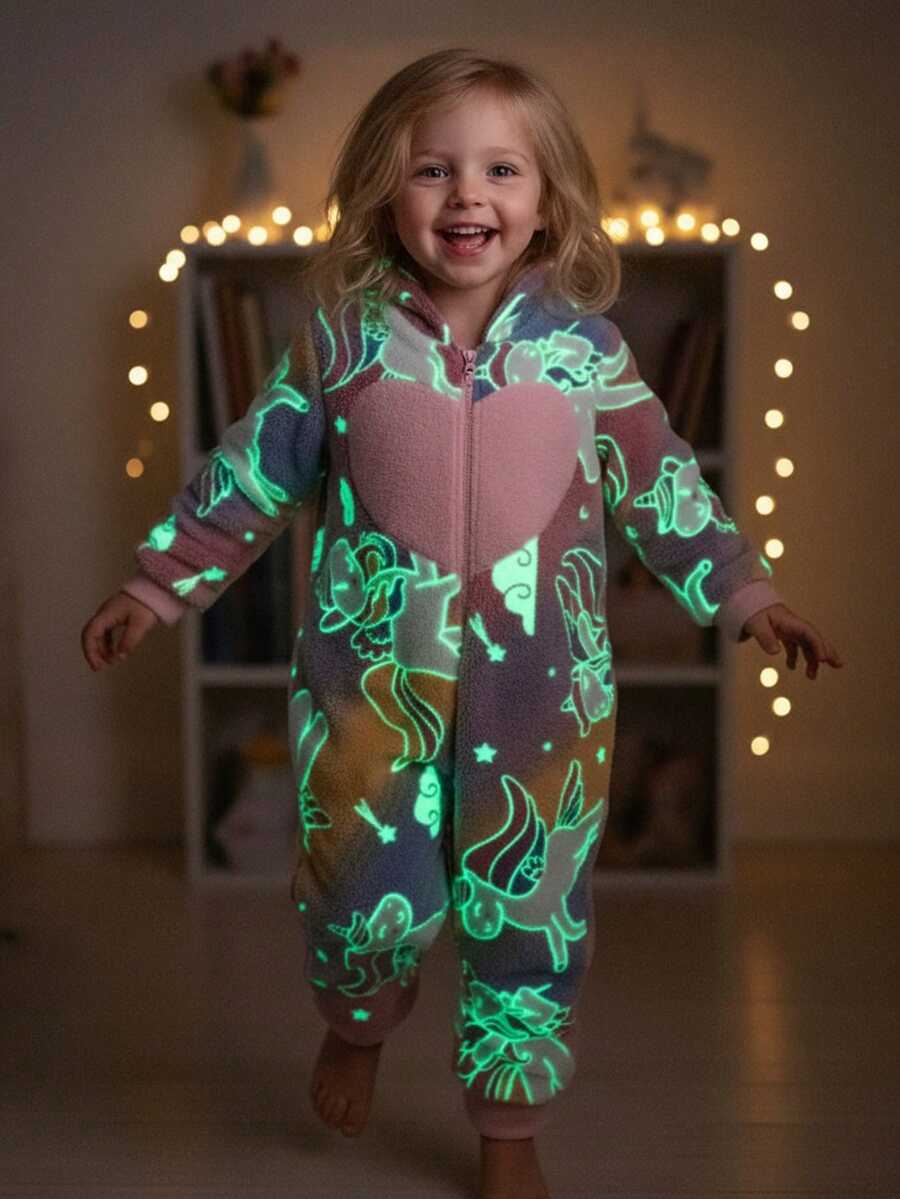 年轻女孩可爱夜光紫色毛绒刺绣脸连帽长袖舒适休闲连体裤家居服 - 紫色 - 查看 1