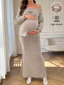 SHEIN 2pcs/Set Maternity Casual Off Shoulder Top & Long Skirt Knit Two Piece Set Maternity Two Piece Sets Two Piece Set Skirt 2 Piece Set Ribbed Two Piece Set - Khaki - View 3