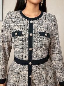 Zelara Plus Size Women Metal Button Design Round Neck Long Sleeve Elegant Dress - Multicolor - View 3