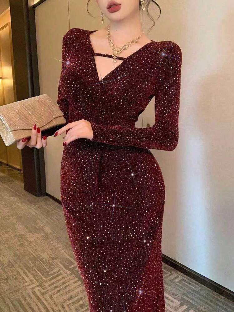 High-End Luxury Fashion Retro Elegant Long Sleeve V-Neck Shiny Rhinestone Bodycon Dress, Red Evening Gown Christmas, New Year Prom Dress