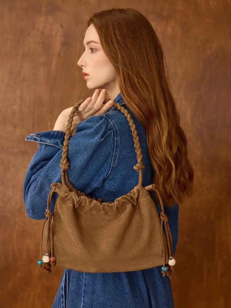 SUEDE SOLID BEADED FRINGE DETAIL SHOULDER BAG