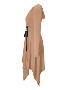 EMERY ROSE Knitted Casual Cinched Waist Long Sleeve Asymmetrical Hem Hooded Solid Color Dress - Khaki - View 3