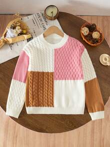 Young Girl Colorblock Cable Knit Sweater, Crew Neck Pullover, Casual Twist Rope Knitwear, Cute & Fashionable Children's Clothing, Suitable For Autumn/Winter, Outdoor & Indoor Wear Preppy Clothes For Kids - Multicolor - View 7