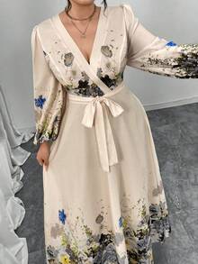 Modelyn 大码优雅印花V领灯笼袖连衣裙，秋季 - 杏色 - 查看 4