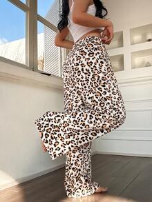 SHEIN 女士系带腰部蓬松人造毛皮豹纹休闲阔腿宽松舒适冬季长裤，保暖、舒适、百搭 - 杏色 - 查看 2