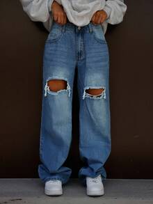 SAYEHFBABY 休闲水洗做旧直筒牛仔裤 - 深色水洗藍 - 查看 6