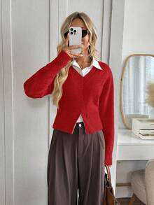 Easowa V-Neck Zip Hem Relaxed Casual Pullover Sweater For Women In Fall/Winter - Red - View 3