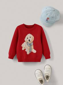 PrepCrw 1 pieza Suéter casual de manga larga con cuello redondo y estampado de perro de dibujos animados para bebés niños, suéter de punto de invierno/otoño para bebé niño, suéter rojo de bebé, suéter de cachorro, suéter de bebé niño, suéter de perro para bebé en otoño, días festivos - Rojo - Ver 2