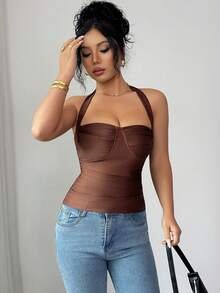SHEIN Elenzya 新款秋冬百搭棕色性感交叉露背针织短款上衣，独特个性化，修身剪裁，适合派对、情人节、约会、度假等场合。 - 棕色 - 查看 5