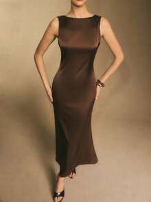 Poéselle 女士优雅露背无袖连衣裙，适合派对穿着 - 棕色 - 查看 8