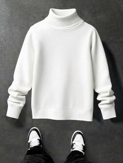 SHEIN 青少年男童长袖高领休闲套头毛衣，适合秋冬季节，白色上衣，长袖上衣，冬装长袍