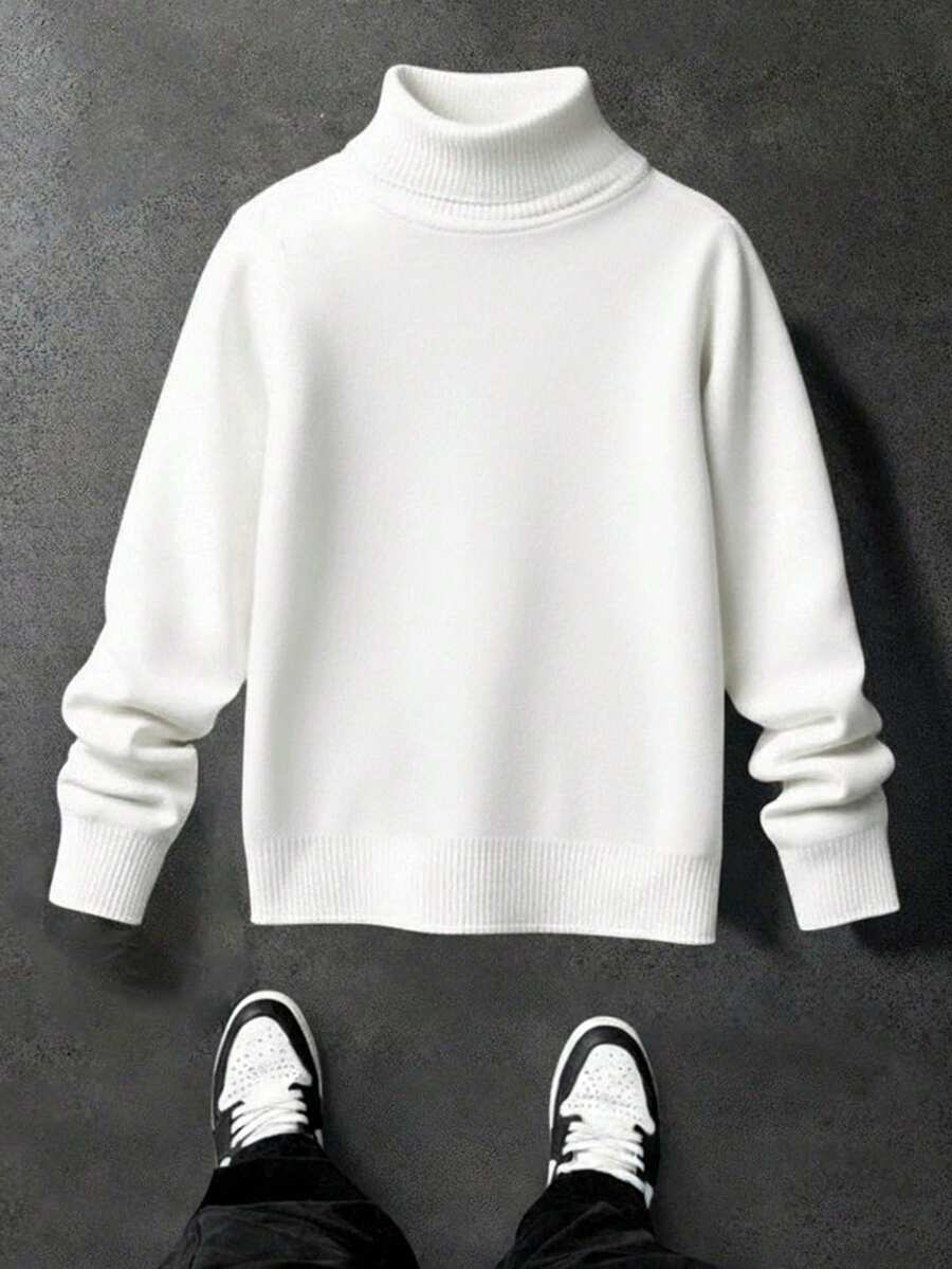 SHEIN 青少年男童长袖高领休闲套头毛衣，适合秋冬季节，白色上衣，长袖上衣，冬装长袍