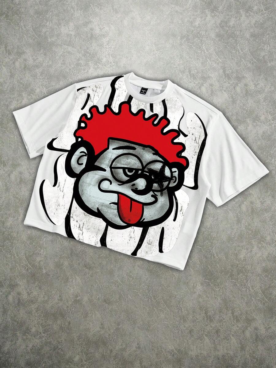 Manfinity EMRG Men's Street Cartoon Portrait Print Round Neck Short Sleeve Loose T-Shirt - White - View 1