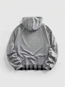 ROMWE MEN Prep Men's Casual Plaid Patchwork Hoodie Sweatshirt, Autumn, Long Sleeve Top - Grey - View 2