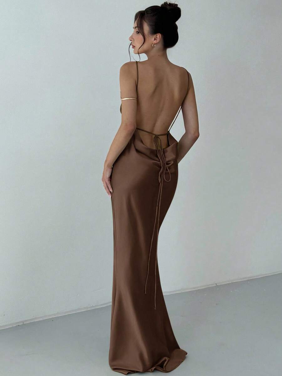 Aloruh 女士优雅纯色露背鱼尾裙，夏季 - 咖啡 - 查看 1