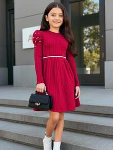 SHEIN Tween Girls Pearl Knit Ribbed Waist Dress With Puff Sleeves, Cute & Elegant Holiday Dress - Burgundy - View 7