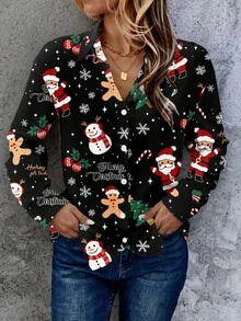 EMERY ROSE Damska koszula z nadrukiem Świętego Mikołaja i choinki, z długim rękawem i guzikami z przodu, jesienno-zimowa, damska, śliczna koszula, świąteczna, damska, świąteczna, damska, koszule z kreskówek, damska, noworoczna impreza