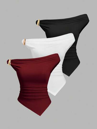 Sweetra Women's Summer European And American Fashion Solid Color 3-Piece Set, Metal Decor Twist Hem Asymmetric Hem Fitted Casual Commuter Versatile T-Shirt