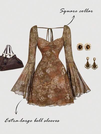 SHEIN MOD 复古 70 年代油画渐变佩斯利印花喇叭袖短款连衣裙，长袖方领 - 波西米亚西部风格，适合约会、派对、舞会、节日和生日，Y2k