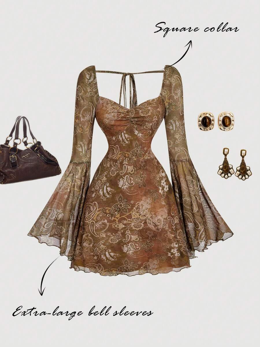 SHEIN MOD Váy ngắn tay loe họa tiết Paisley ombre sơn dầu cổ điển thập niên 70, tay dài, cổ vuông – Phong cách Bohemian phương Tây cho buổi hẹn hò, tiệc tùng, vũ hội, lễ hội & sinh nhật, Y2K - Nhiều màu - Xem 1