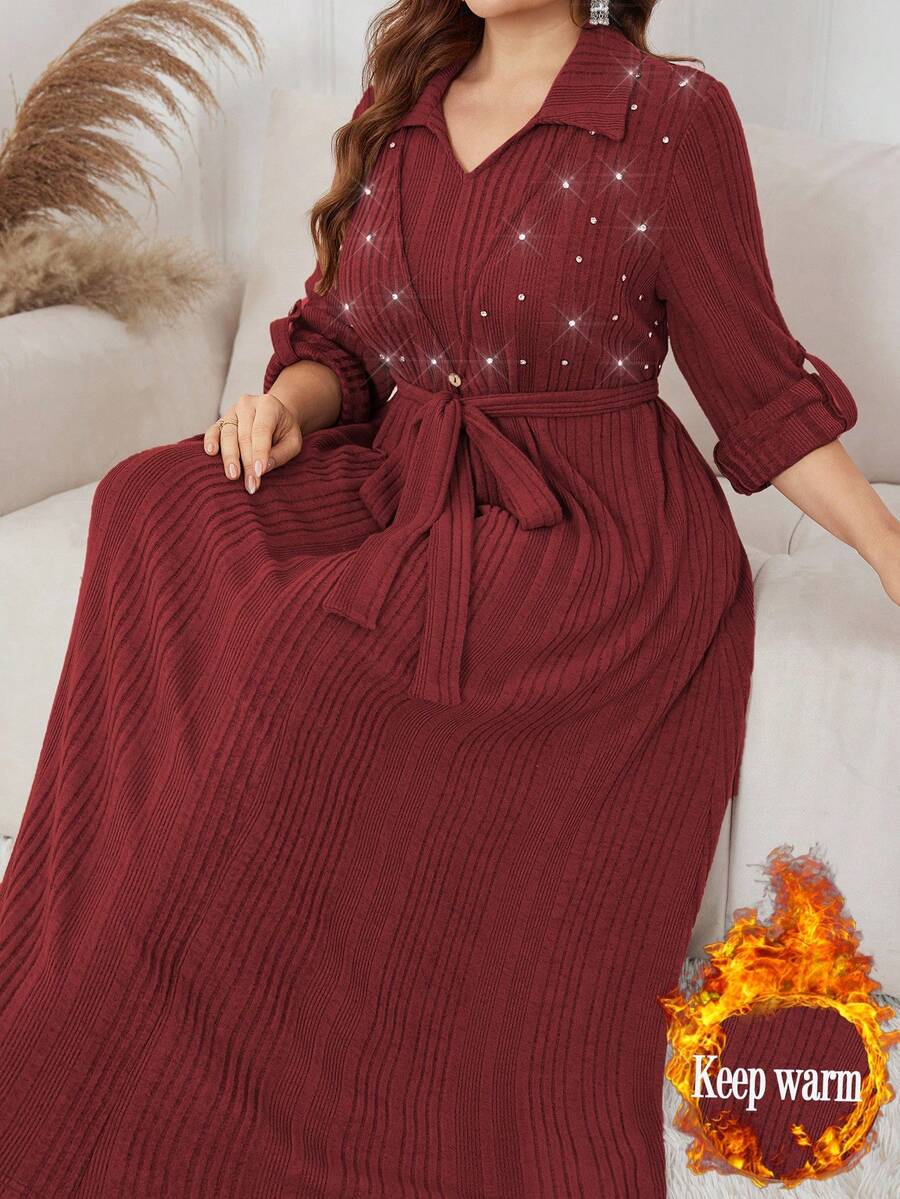 Lacomfia Plus Size Women Rhinestone Embellished Shiny Knit Elegant Long Sleeve Dress - Burgundy - View 1