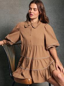 WESTFADE 超大格纹V领层叠长袖连衣裙，带口袋，适合秋季、冬季穿着，休闲百搭，西部风格，乡村风。 - 棕色 - 查看 1