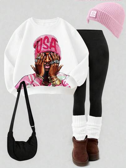 Sparklyn 2pcs/Set Tween Girl Portrait Print Crew Neck Long Sleeve Sweatshirt And Black Yoga Pants