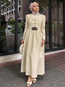 DAZY Vestido largo de unicolor elegante con cintura ceñida, adecuado para vestir de manera modesta para ir al trabajo - Albaricoque - Ver 5