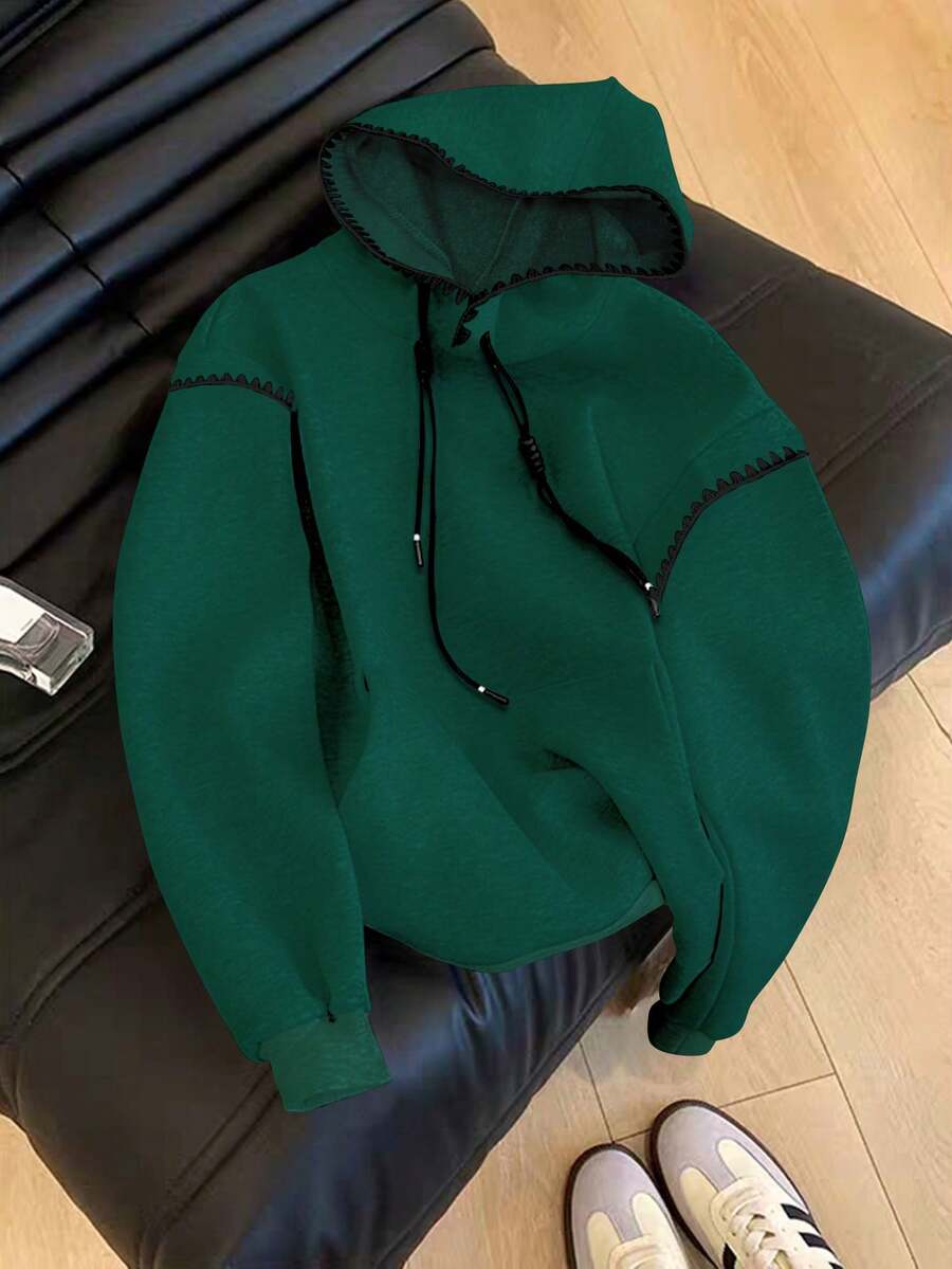 GlowEve 女士休闲日常通勤简约撞色滚边抽绳卫衣，春秋季 - 墨綠色 - 查看 1