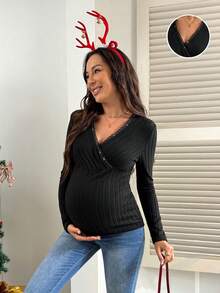 SHEIN 孕妇V领撞色蕾丝长袖罗纹修身T恤 - 黑色 - 查看 3