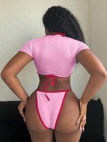 Alexandranx Bộ đồ đi biển mùa hè 3 món cho nữ: Bộ bikini dây mảnh họa tiết quả anh đào và chữ cái kèm áo phông vải voan lưới mỏng - Nhiều màu - Xem 2