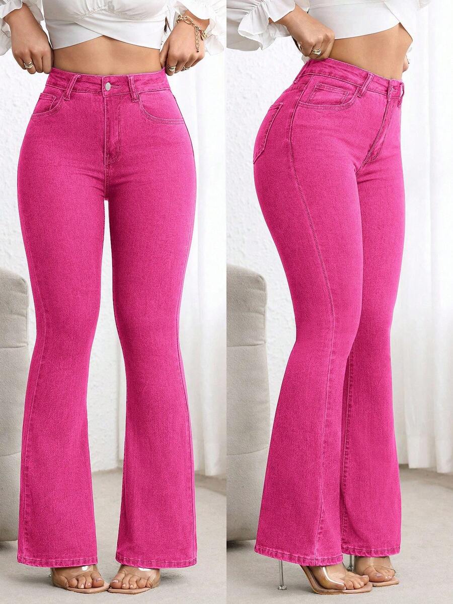 Flexra Women's Casual Everyday Washed Slim Fit Flare Jeans - Pink - View 1