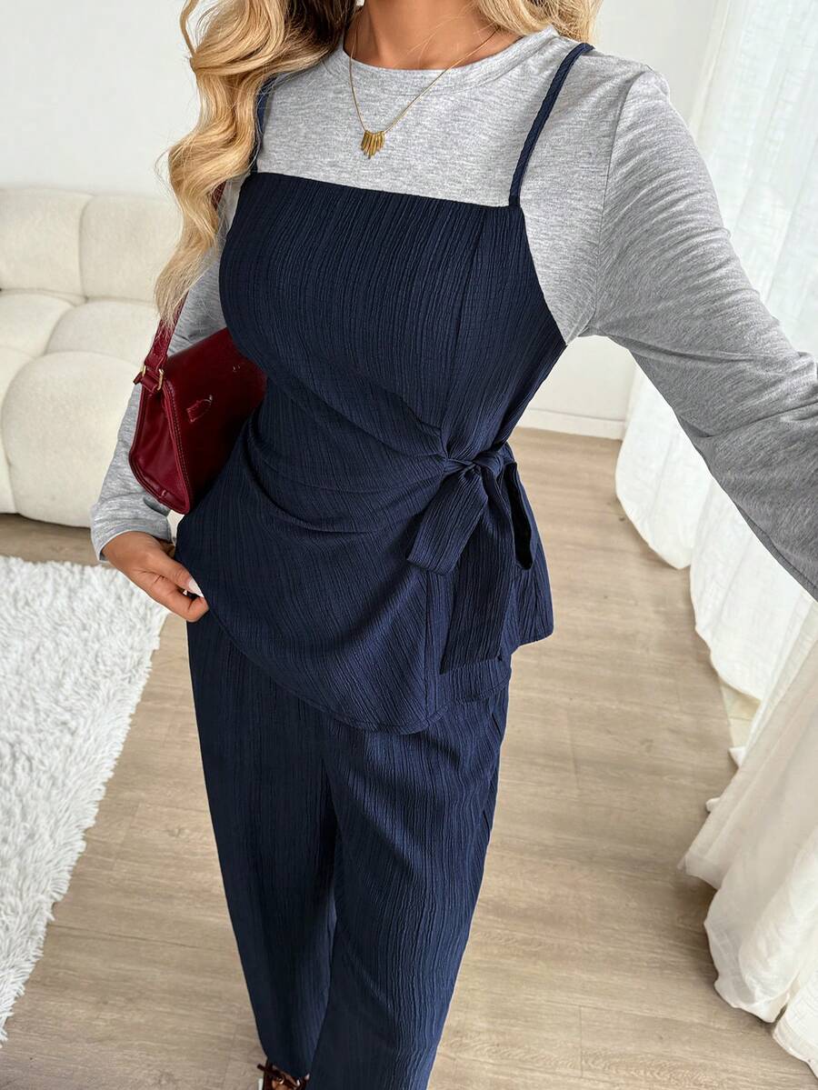 SHEIN LUNE Women's Casual Two-In-One Commuter Pants Set, Women's Winter Fashion Clothing Series, Women's Autumn Clothing Two-Piece Set - Navy Blue - View 1