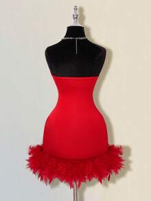 SHEIN ICON 女士水钻装饰深V领无袖迷你连衣裙，毛绒下摆，派对装 - 紅色 - 查看 2