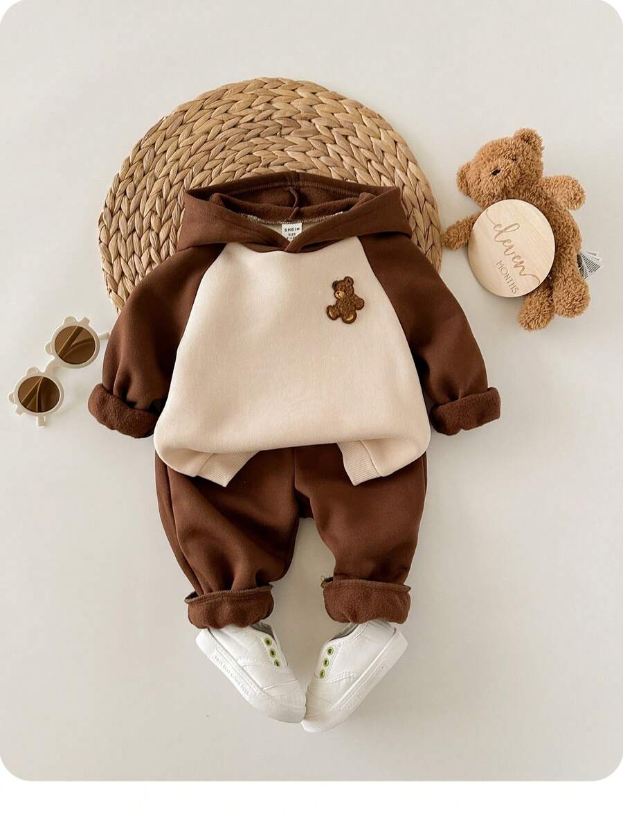 Conjunto de Moletom com Capuz e Calça com Estampa Fofa de Desenho Animado em Bloco de Cor, Outono/Inverno, para Menino Bebê