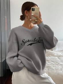 DAZY Letter Jacquard V-Neck Loose Fit Women Sweater - Grey - View 5