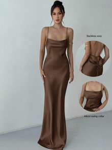 Aloruh 女士优雅纯色露背鱼尾裙，夏季 - 咖啡 - 查看 3