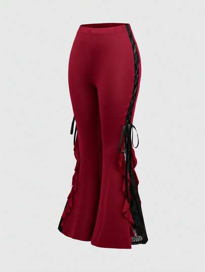 Goth بنطلون نسائي ذو قصة واسعة مع تفاصيل من الدانتيل الأنيق والكشكشة بطراز عصري