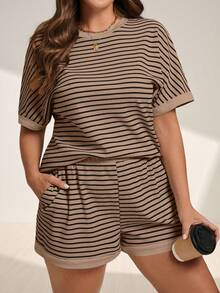 EMERY ROSE 2pcs Striped Batwing Sleeve Top And Shorts Set, Casual And Minimalist, Plus Size, For Summer - Multicolor - View 4