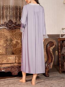 PalaceNights Heavily Embroidered Patchwork V-Neck Half-Button Oversized Long Sleeve Maternity Nightgown, For Fall & Winter - Purple - View 2