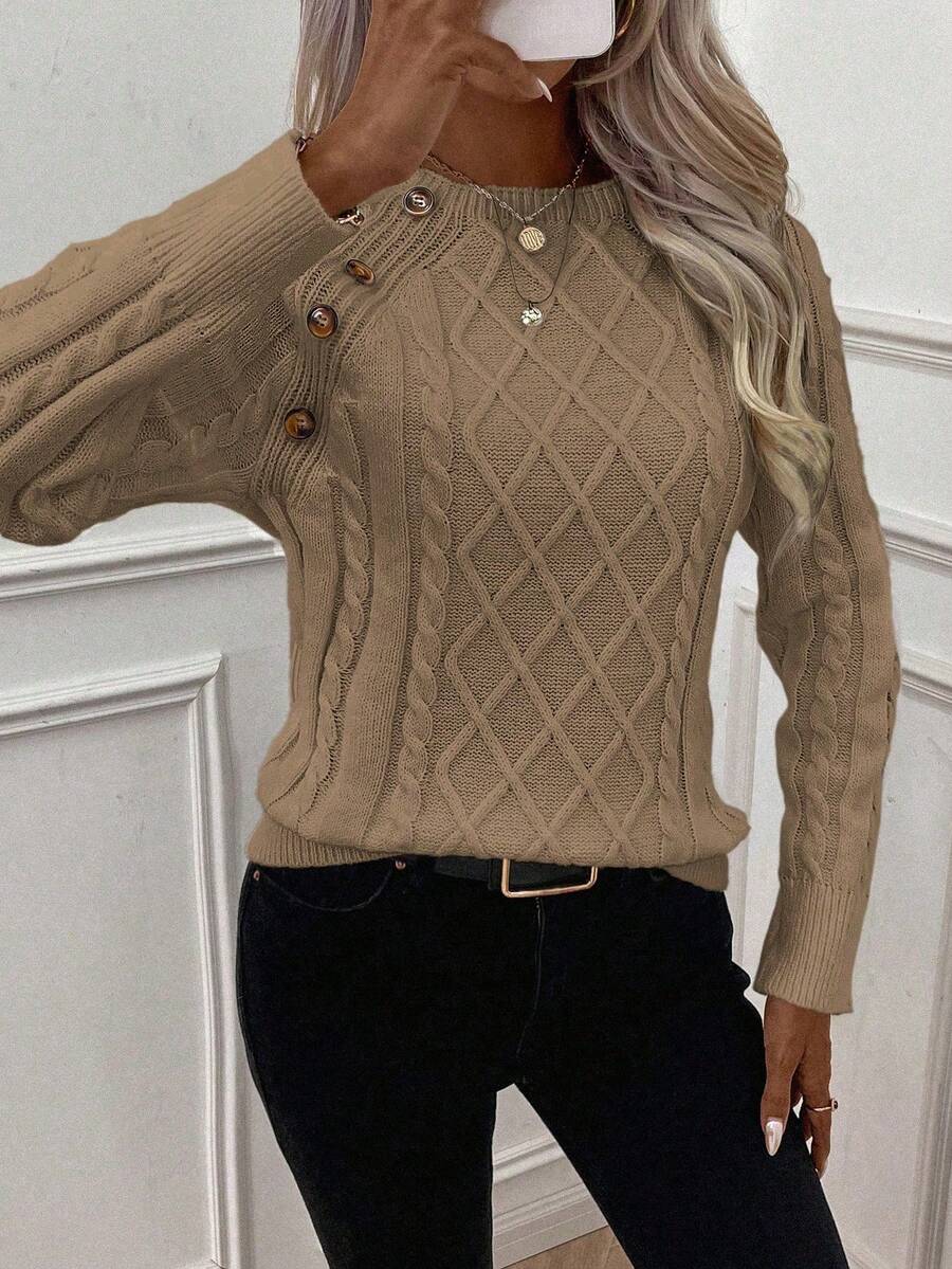 SHEIN LUNE Women's Casual Everyday Commute Simple Versatile Solid Color Button Decor Cable Knit Sweater, Autumn/Winter - Mocha Brown - View 1