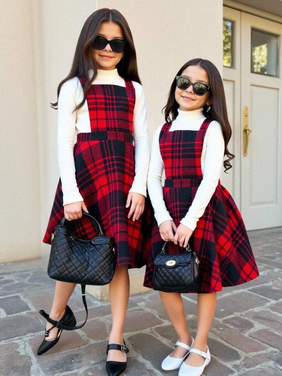 SHEIN Robe à bretelles à carreaux rouges rétro pour préadolescentes, décontractée et polyvalente - Rouge - Voir 1