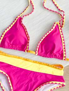 SHEIN 2 sztuki/zestaw damski letni seksowny wakacyjny strój kąpielowy z wycięciem na plecach i ząbkami psa, jednolity kolor, halter, top z odkrytymi plecami i wysokim stanem, kontrastowy kolor, bikini