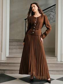 Anewsta Women's Elegant Long Sleeve Belted Pleated Maxi Dress - Coffee Brown - View 4