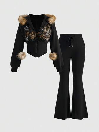 J-Fashion Cardigan à capuche avec col en fourrure imprimé léopard vintage chic Y2K et ensemble 2 pièces rétro avec imprimé de vignes et ornements de strass pour femmes