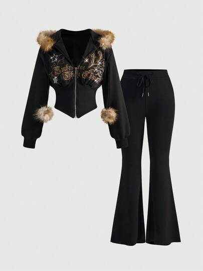 J-Fashion Cardigan à capuche avec col en fourrure imprimé léopard vintage chic Y2K et ensemble 2 pièces rétro avec imprimé de vignes et ornements de strass pour femmes