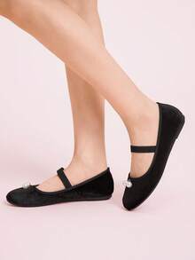 CUCCOO DOLLMOD Damen Mode weiche Sohle Einriemen Perlen Dekor schwarze Tanz-/Auftrittsflache Schuhe