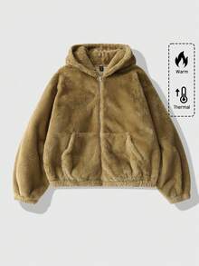 ROMWE MEN Casual 男女通用蓬松连帽夹克，秋冬街头风格美式休闲外套 - 咖啡棕 - 查看 5