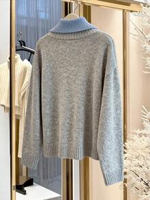 SHEIN PETITE CURVE Plus Size Gray V-Neck Colorblock Design Long Sleeve Sweater, Comfortable For Commuting - Grey - View 2