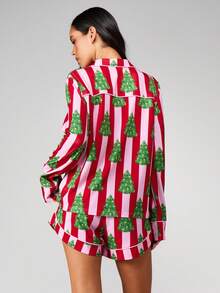 MISSGUIDED 女士圣诞树睡衣套装，节日睡衣，纽扣前开襟长袖上衣搭配同款短裤，红粉条纹，节日家居服 - 彩色 - 查看 2